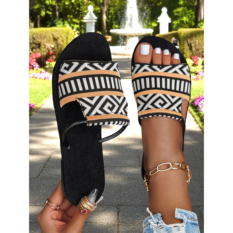 Women's Boho Tribal Print Slide Sandals – Ethnic Pattern, Comfortable Flat Sole, Great for Beach Trips & Summer Outings