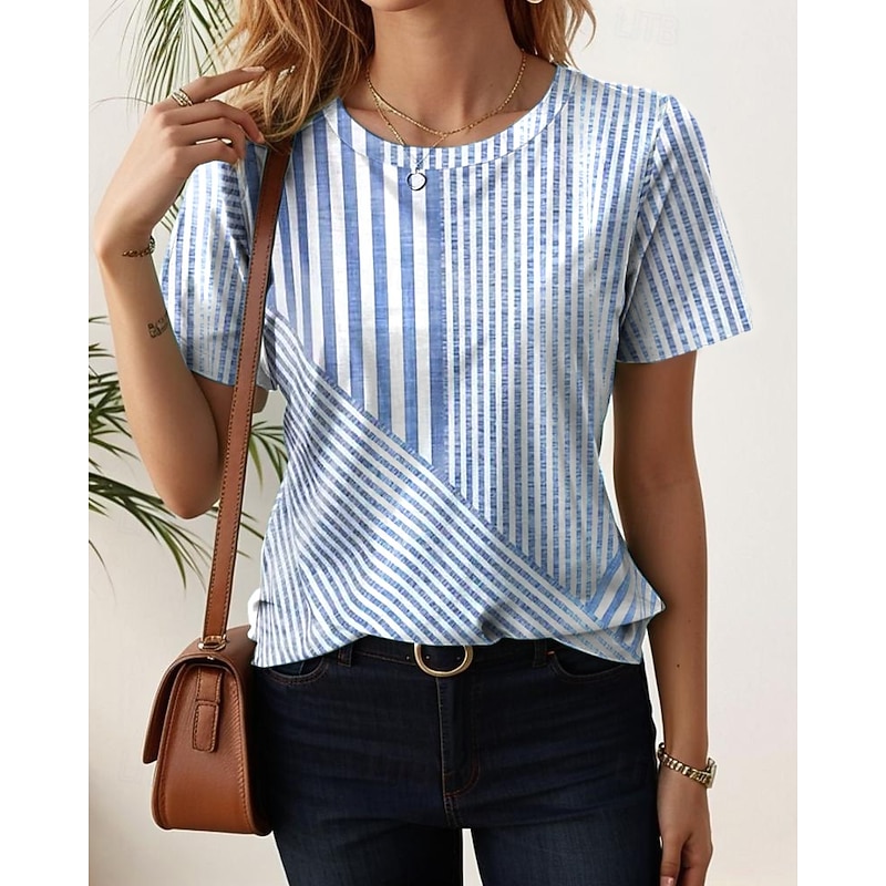 Women's T Shirt Graphic Geometric Striped Vintage Stylish Classic Short Sleeve Crew Neck Regular Tops Daily Print Blue Sky Blue Summer Spring2