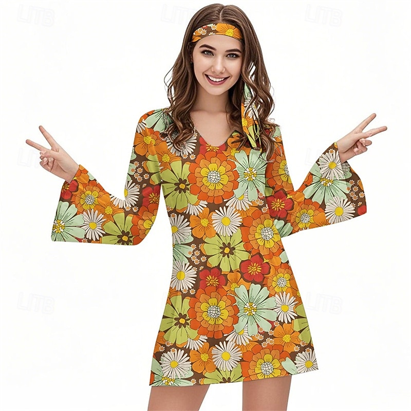 Retro Vintage 1970s Groovy Dress Headband Hippie Disco Floral Fancy Dress Women's Halloween Carnival Vacation Music Festival Festival Adults' Dress Headband