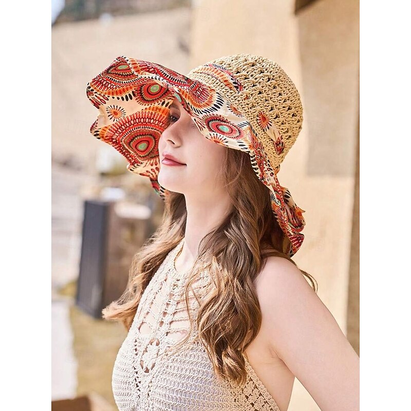 Women's Wide Brim Straw Sun Hat with Colorful Ethnic Print Bow – Boho Style Foldable Beach Hat for Summer Travel and Vacation3