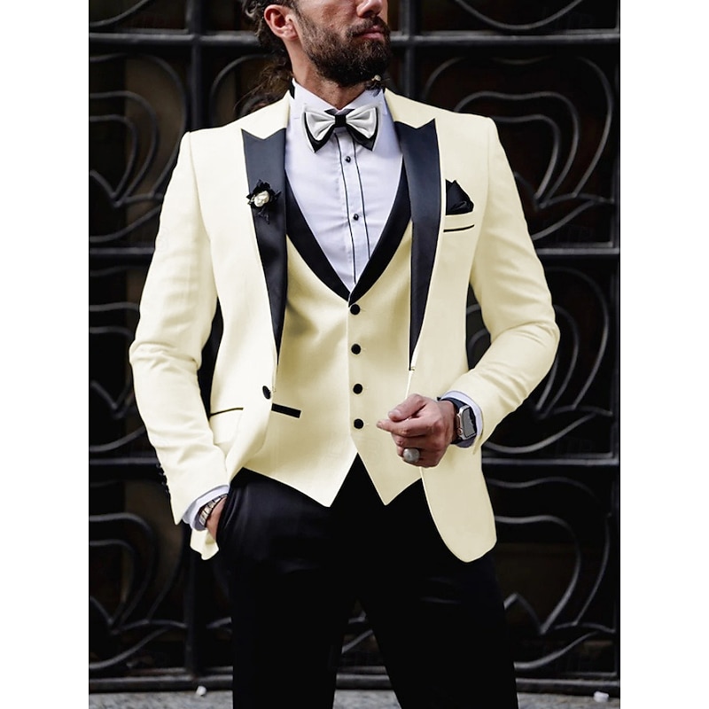 Men's Wedding Party Suits Peak Light Yellow White Solid Colored Tailored Fit 2 Piece Single Breasted One-button4
