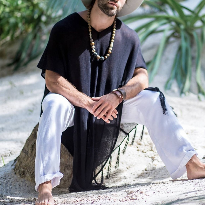 Men's Summer Shirt Casual Shirt Beach Shirt Cotton Shirt Shrugs Black Short Sleeve Solid / Plain Color V Neck Vacation Hawaiian Clothing Apparel Fashion Casual Comfortable2