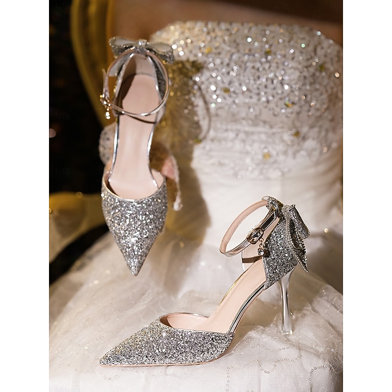 Women's Silver Glitter Bow Heels - Sparkly Pointed Toe Ankle Strap Wedding Shoes for Brides and Elegant Bridal Occasions2