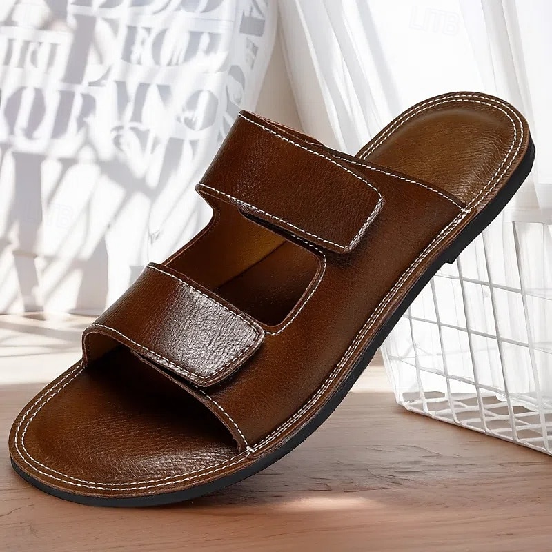 Men's Brown Wide Fit Sandals with Dual Magic Tape Straps Soft Footbed for Adults Great for Elderly Daily Indoor Use Easy Slip-On Comfort for Home or Travel