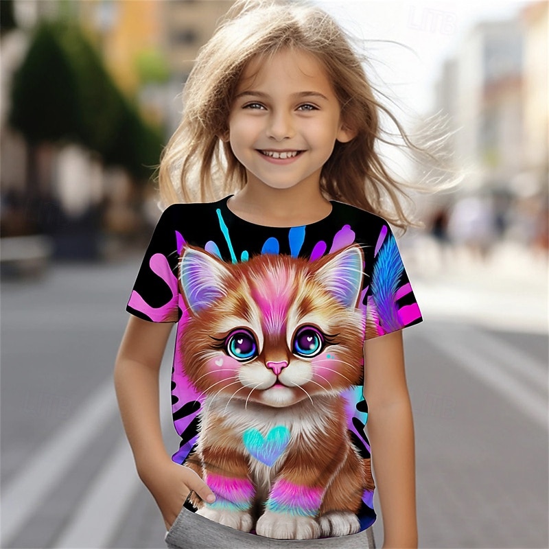 Lil Kitty by Sheena Pike Girls' 3D Cat T shirt Tee Short Sleeve Summer Spring Fashion Basic Kids 4-12 Years Crew Neck Outdoor Casual Daily Regular Fit