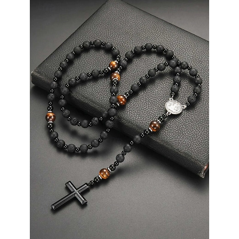 Men's Black Lava Stone and Tiger Eye Cross Pendant Necklace – Stainless Steel Spiritual Beaded Necklace with Adjustable Length, Perfect Father's Day Gift for Casual and Religious Wear3