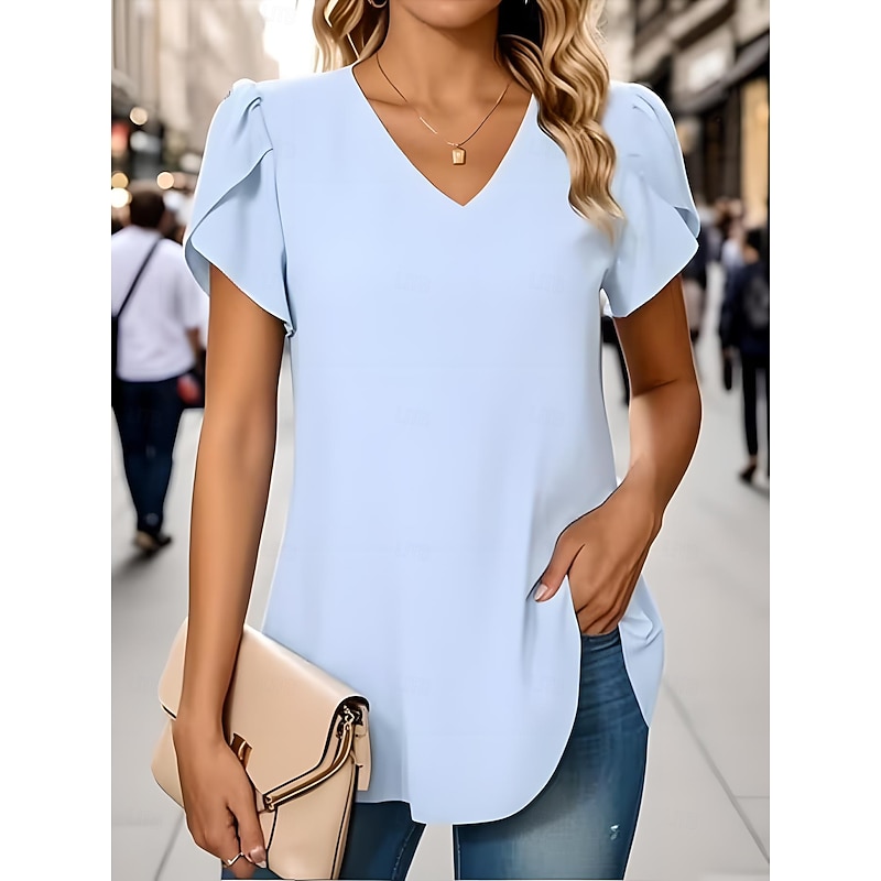 Women's Blouse Solid Color Basic Casual Short Sleeve V Neck Regular Tops Daily Black White Red Navy Blue Blue Summer