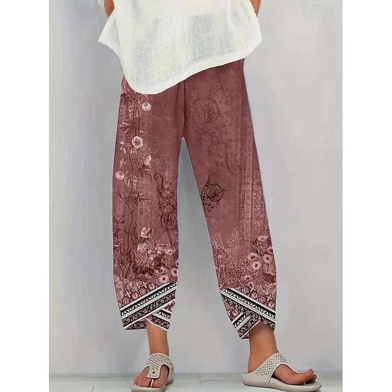 Women's Wide Leg Chinos Baggy Pants Vacation Vintage Ethnic Style Ankle-Length High Waist Floral Graphic Printing Thermal Warm Soft Breathable Micro-elastic Vacation Street Causal Ash Violet Robin's4