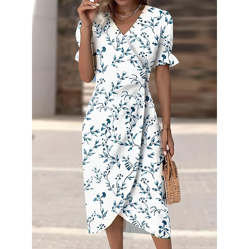 Women's Midi Dress Wrap Dress Elegant Lightweight Puff Sleeve Short Sleeve V Neck Going out Regular Fit Floral Graphic White Blue Orange Rainbow