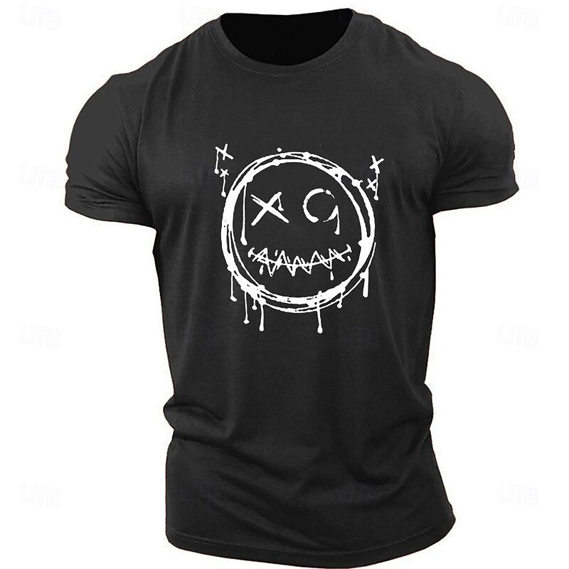 Men's Short Sleeve Black Graphic T-Shirt with Distressed Graffiti Smiley Face Print2