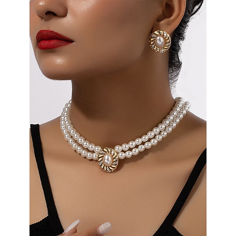 Women's Vintage Pearl Choker Necklace and Earrings Set – Elegant Double Strand Beaded Jewelry with Gold Oval Accents for Ladies, Ideal for Weddings, Parties and Formal Occasions4