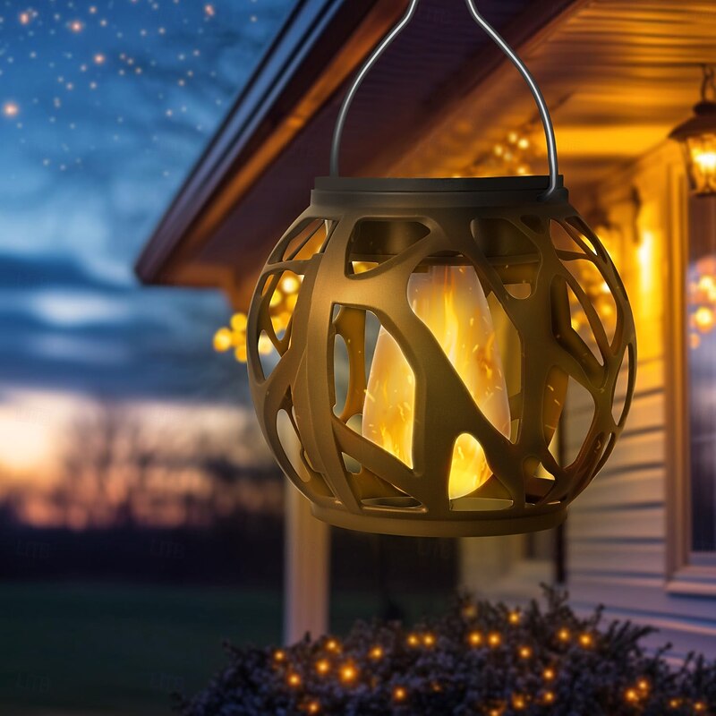4 Pcs Outdoor Solar Lanterns Hollow Pendant Light Lantern Simulation Flame Courtyard Garden Fence Balcony Tree Decoration Light Landscape Light