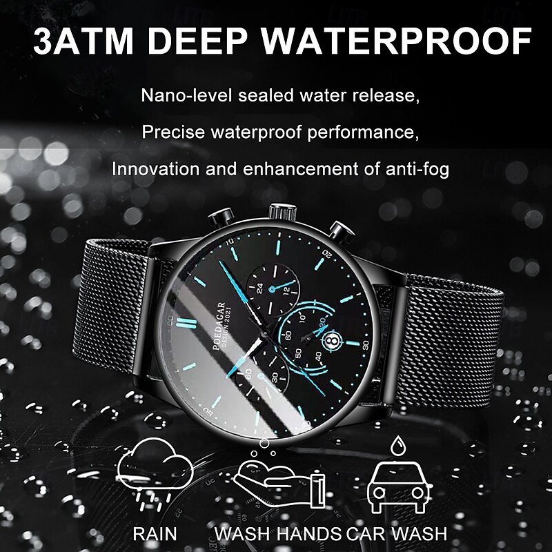 Fashion Men Watch Chronograph Stainless Steel Mesh Quartz Men's Wristwatch Waterproof Luminous Date Sports Man Watches4