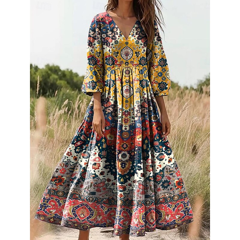 Women's Maxi Dress Sundress A Line Dress Pleated Dress Vacation Casual Boho Going out Loose Fit Floral Graphic 3/4 Length Sleeve V Neck Black Yellow Blue Green Summer Spring2