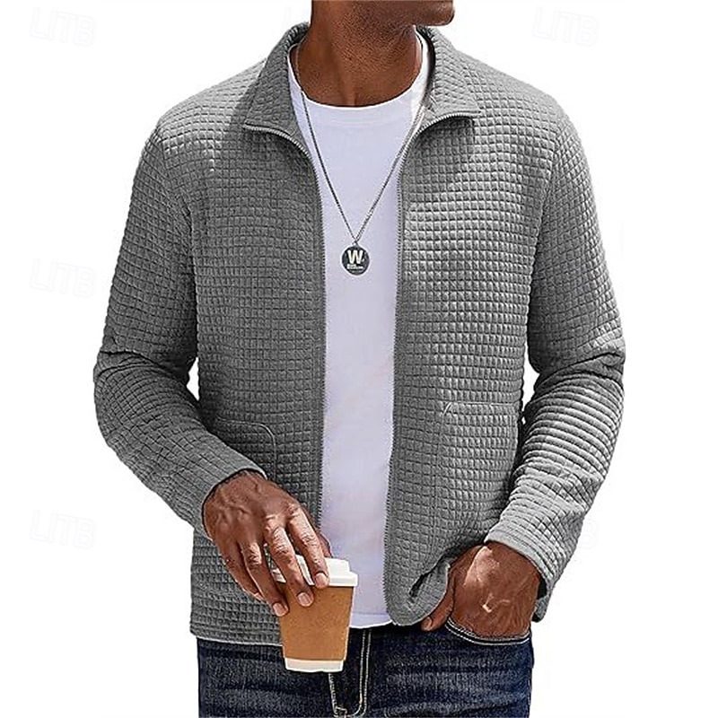 Men's Lightweight Jacket Waffle Jacket Casual Jacket Vacation Daily Warm Pocket Fall & Winter Plain Fashion Classic Stand Collar Regular Black White Wine Khaki Army Green Jacket