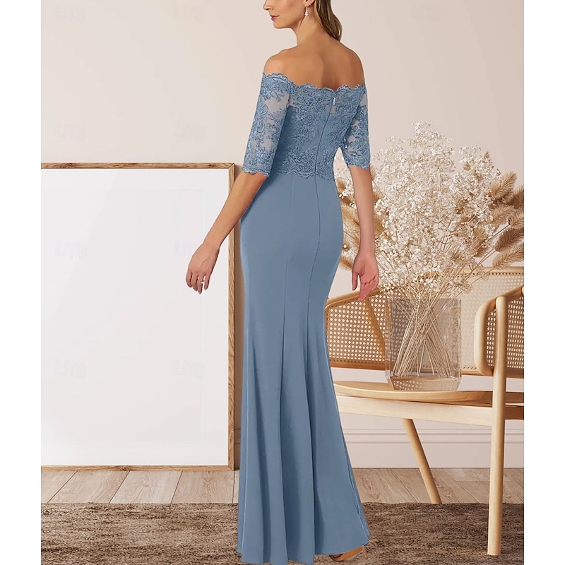 A-Line Mother of the Bride Dress Wedding Guest Elegant Off Shoulder Floor Length Chiffon Half Sleeve with Lace4