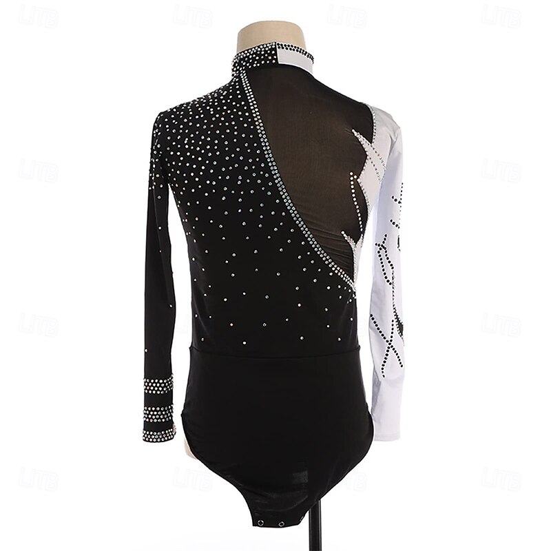 Figure Skating Top Men's Boys Ice Skating Tops Black White Patchwork Spandex High Elasticity Training Competition Skating Wear Classic Crystal / Rhinestone Long Sleeve Ice Skating Figure Skating2