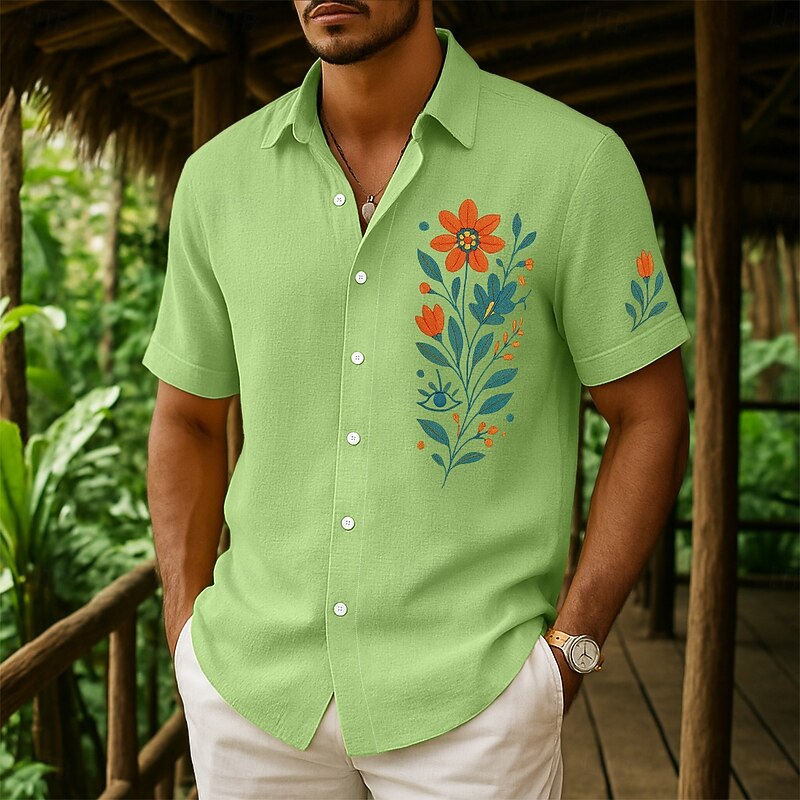 Men's Shirt Linen Shirt Summer Shirt Beach Wear Button Up Shirt Floral Vacation Curise Yellow Pink Navy Blue Green Short Sleeve Collar Summer Spring & Summer Clothing Apparel4