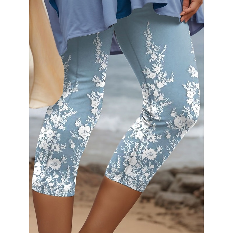 Women's Leggings Capri Pants 3D Print High Elasticity Vacation Vintage Fashion Calf-Length High Waist Floral Graphic Printing Breathable Soft Stretchy Formal Vacation Office Robin's Egg Blue3