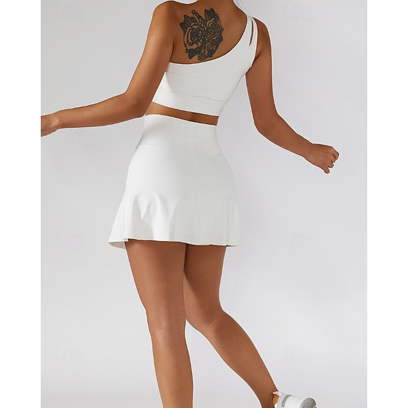 Women's Solid Colored Tennis Set Sleeveless Split Quick Dry Breathable Tennis Pickleball Yoga One Shoulder Black White Dark Navy Tennis Clothing4