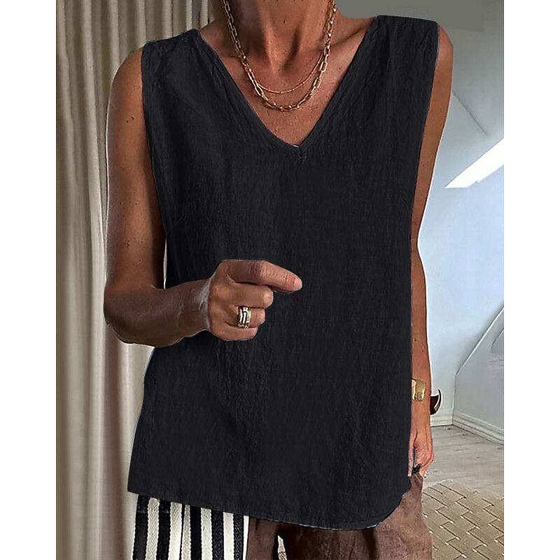 Women's Shirt Linen-Inspired Sets Blouse Plain Modern Casual Sleeveless V Neck Regular Tops Daily Holiday Black Pink Army Green Beige Gray Summer4