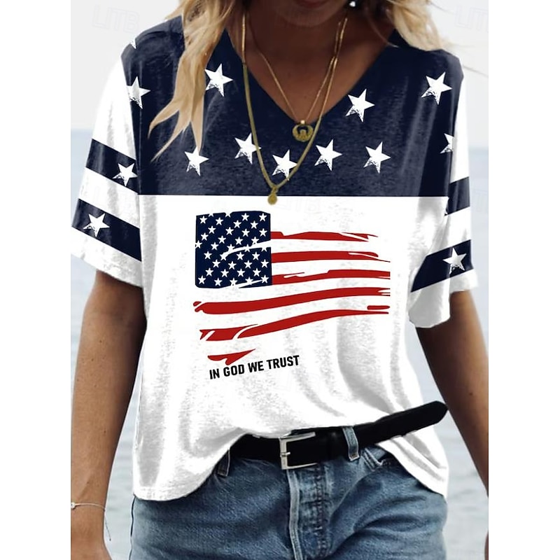 Women's Patriotic  T Shirt Graphic American Flag Vintage Stylish Classic Short Sleeve V Neck Regular Tops Daily Weekend Print White Blue Summer Spring