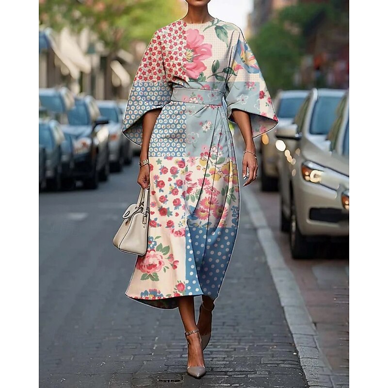 Women's Midi Dress Floral Dress Print Dress Fashion Modern Vacation Daily Weekend Regular Fit Striped Flower Half Sleeve Crew Neck Yellow Pink Light Blue Summer3