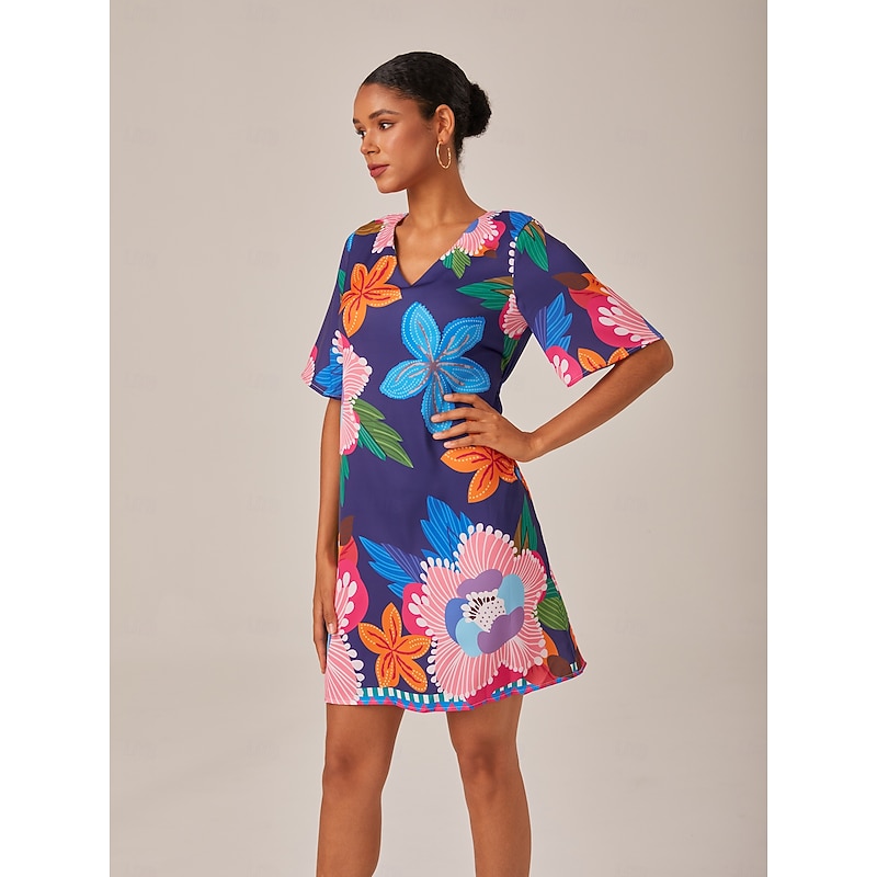 Women's Satin Mini Dress V Neck Half Sleeve Floral Print Straight Fit Slimming Elastic Back Casual Daily Elegant Vacation Dress3