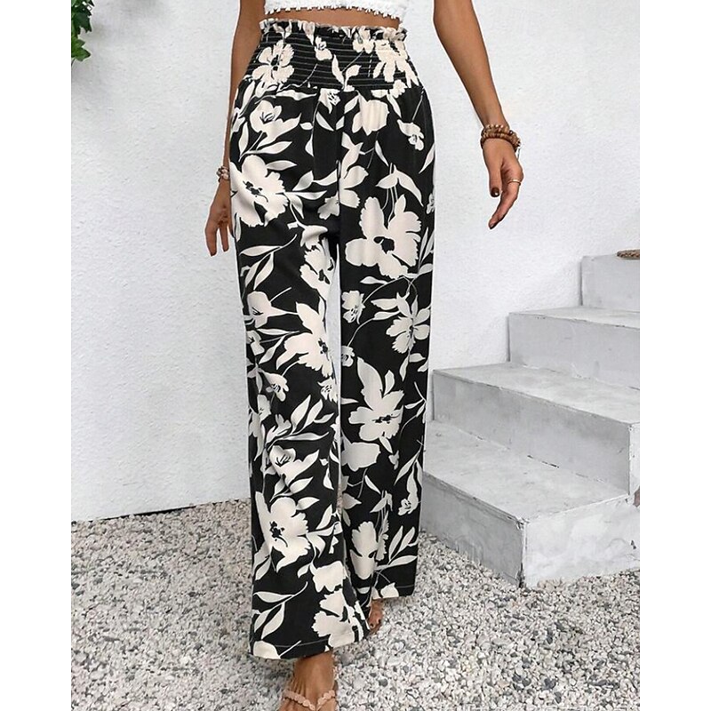 Women's Slacks Pants Trousers Boho Full Length Natural Floral Elastic Waist Print Comfy Outdoor Comfortable Street Going out Navy Black Khaki Summer Regular Fit3