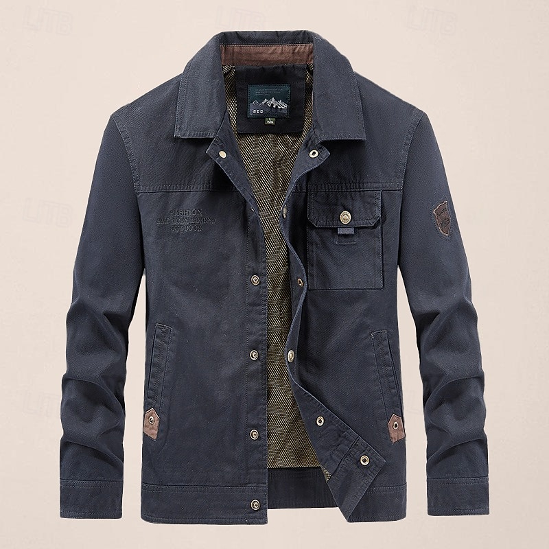 Men's Cargo Jacket Transition Jacket Outdoor Windbreaker Multiple Pockets All Seasons Plain Casual Lapel Khaki Army Green Dark Blue Jacket