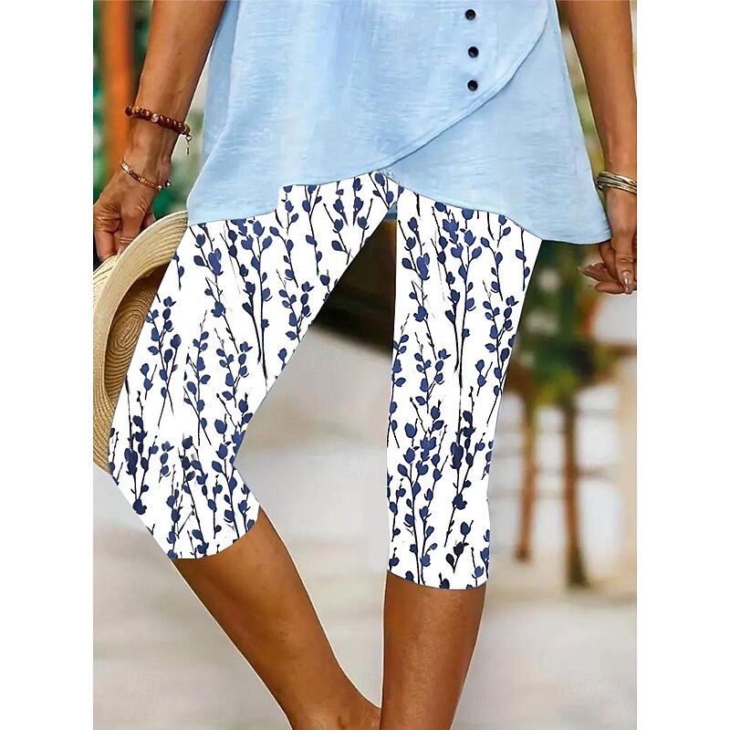 Women's Leggings Capri Pants High Elasticity Vacation Vintage Fashion Calf-Length Mid Waist Floral Graphic Printing Breathable Soft Stretchy Vacation Casual Daily Black sky blue Green4