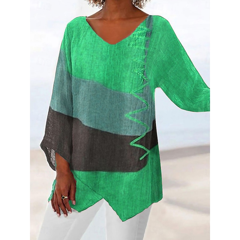 Women's Tunic Shirt Long Sleeve Asymmetrical Hem Blouse Basic Color Block Print Long Tops V Neck Casual Red Spring Fall4