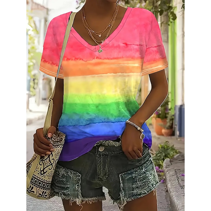 Women's T Shirt Summer Tops Graphic Color Gradient Classic Casual Short Sleeve V Neck Crop Tops Daily Weekend Print Rainbow Summer Spring Fall