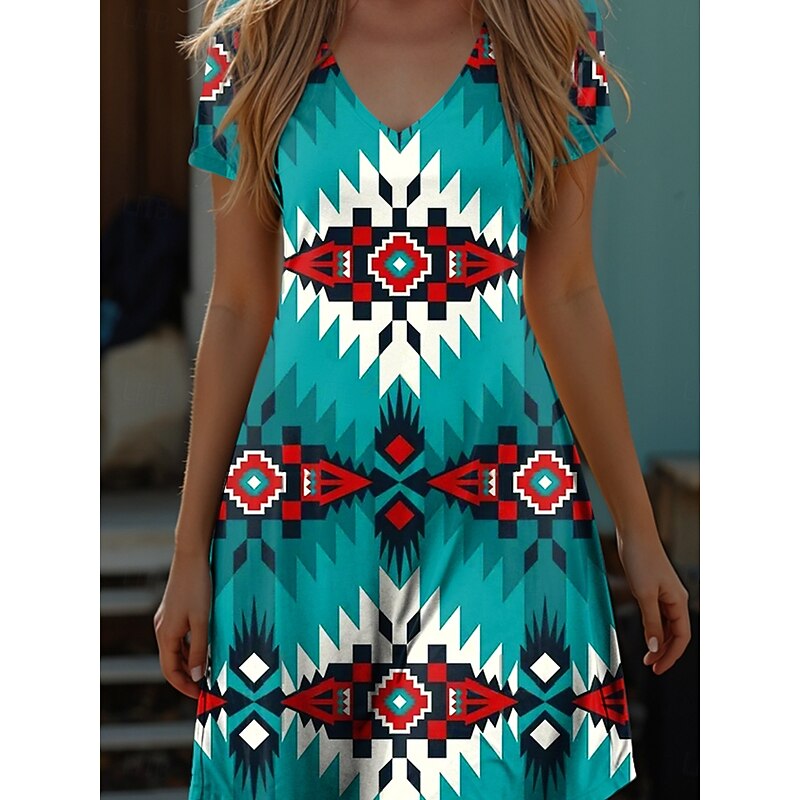 Women's Boho Dress Western Dress Vintage Mini Dress T Shirt Dress Tee Dress Summer Dress Vacation Casual Beach Going out Regular Fit Graphic Tribal Short Sleeve V Neck Red Blue Purple Green Summer3