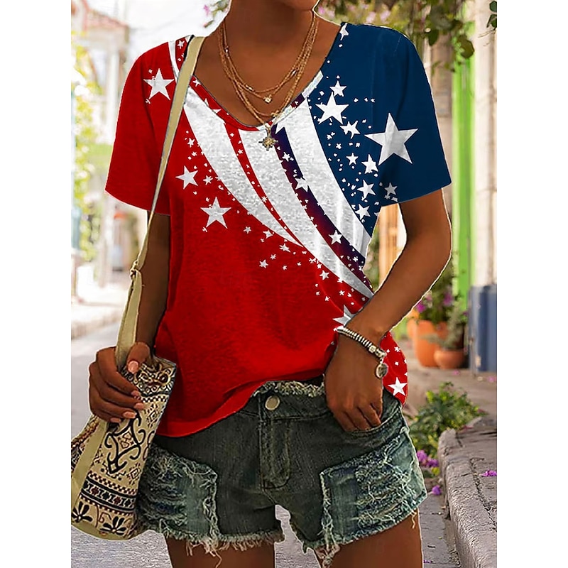 Women's Patriotic  T Shirt Graphic American Flag Vintage Stylish Casual Short Sleeve V Neck Regular Tops Daily Weekend Print Red Summer