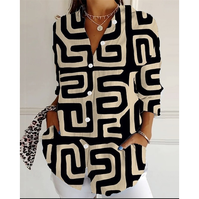 Women's Shirt Geometric Daily Stylish Basic Long Sleeve Shirt Collar Regular Tops Daily Holiday Buttons Print Black Royal Blue Blue Purple Green Spring Fall3