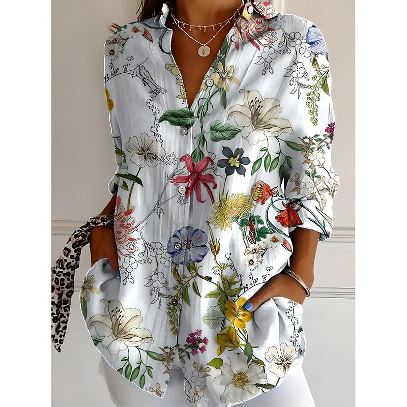 Women's Shirt Button Down Tunic Shirt Collar Long Sleeve Ombre Floral Graphic Vintage Tropical Stylish Regular Tops Work Daily s Print White Pink Red Green Beige Spring Fall2