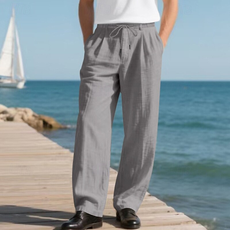 Men's Linen Pants Trousers Summer Pants Baggy Pants Beach Pants Drawstring Elastic Waist Straight Leg Plain Comfort Breathable Full Length Outdoor Daily Holiday Vacation Classic Style Black White3