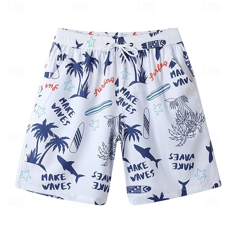 Men's Shorts Beach Shorts Drawstring Graphic Leaf Tree Quick Dry Outdoor Knee Length Outdoor Vacation Home Vacation Ethnic Style White & Blue Dark Blue Micro-elastic2