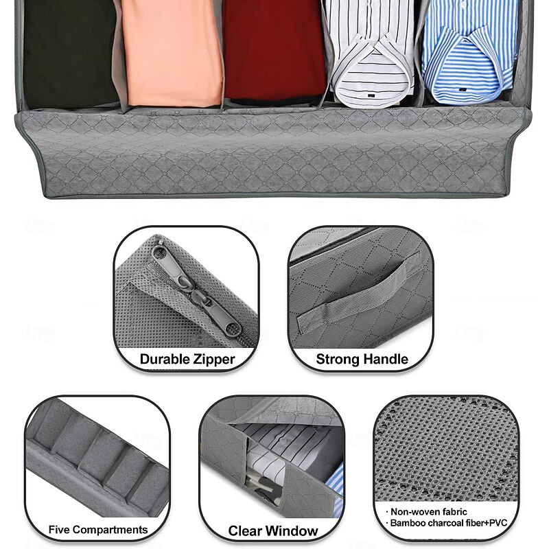 Under Bed Storage Bag with 5 Compartments and Clear Window, Foldable Non-Woven Underbed Organizer for Clothes, Shoes, Blankets, Linens, Closet Space Saver2