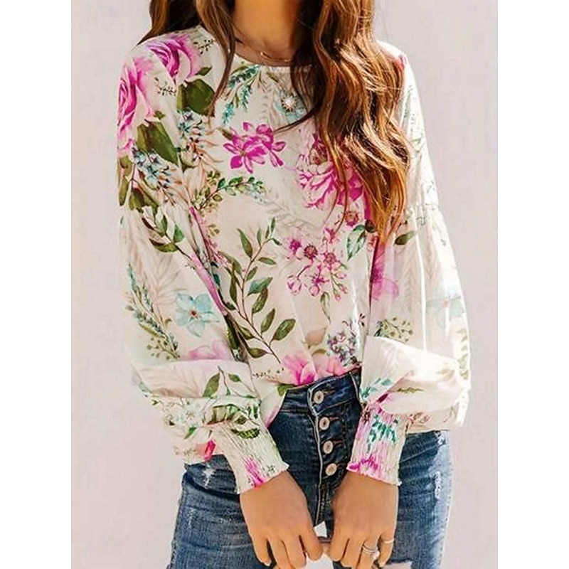 Women's Shirt Floral Tropical Stylish Casual Long Sleeve Crew Neck Regular Tops Daily Print White Pink Green Summer Spring