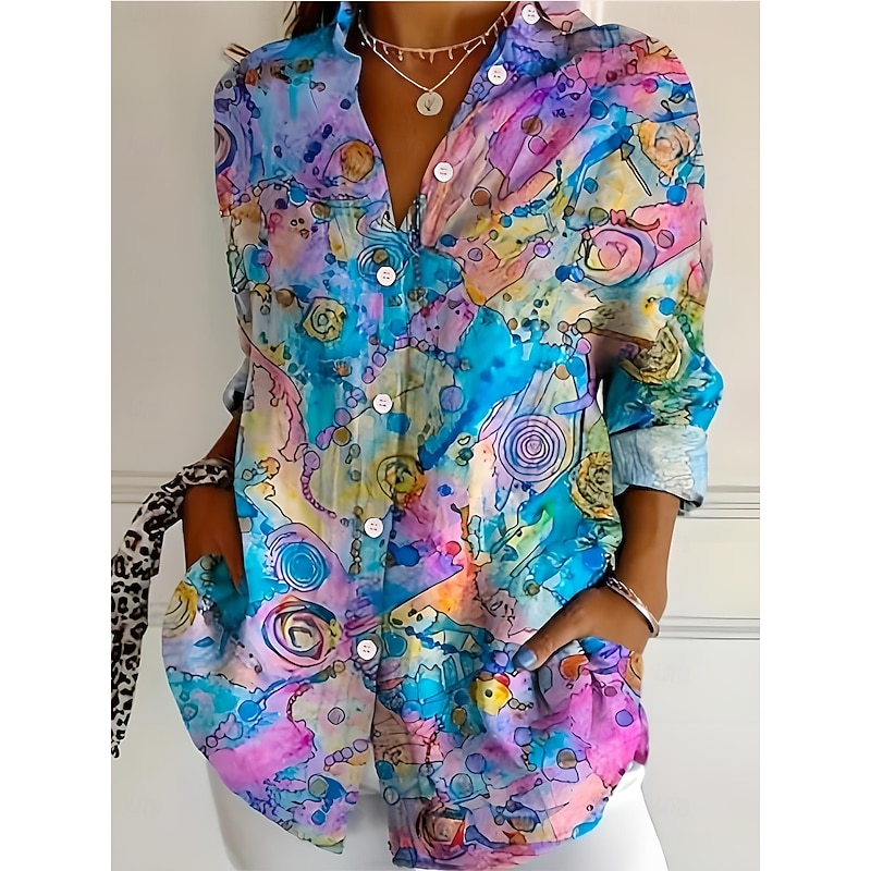 Women's Shirt Button Down Tunic Shirt Collar Long Sleeve Ombre Floral Graphic Bohemia Active Daily Regular Tops Work Daily s Print White Pink Blue Purple Orange Spring Fall