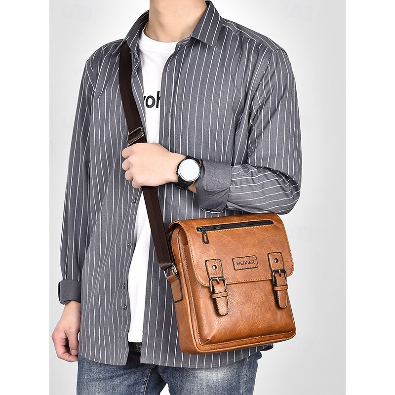 Men's Shoulder Bag Messenger Bag Crossbody Bag Shoulder Bags PU Leather Office Casual Casual Daily Zipper Multiple pockets Large Capacity Waterproof Durable Solid Color Color rubbing Black Brown2