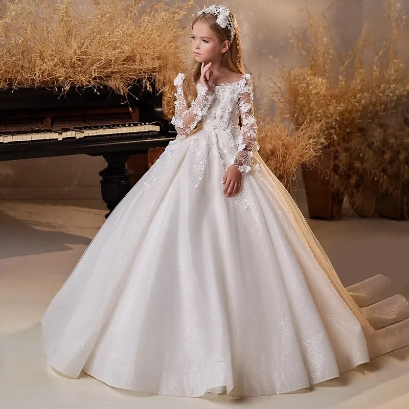 Ball Gown Sweep / Brush Train Flower Girl Dress First Communion Frozen Elsa Girls Cute Prom Dress Tulle with Ruched Royal Style Tutu Fit 3-16 Years