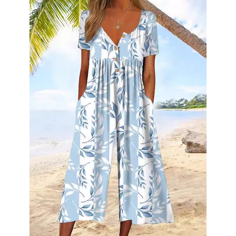 Women's Normal Jumpsuit Active Floral Short Sleeve Wide Leg Round Neck Pocket Print Vacation Daily Regular Fit White Army Green Blue Summer3