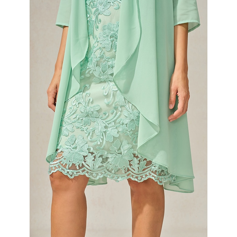 Women's Wedding Guest Cocktail Dress Set Chiffon Lace V Neck 3/4 Length Sleeve Mini Dress Party Elegant Formal Light Green Summer Spring 6
