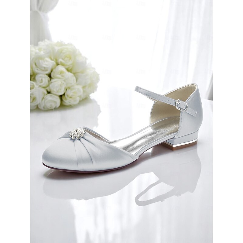 Women's Silver Satin Wedding Flats with Crystal Detail and Ankle Strap, Elegant and Comfortable, Ideal for Formal Weddings2