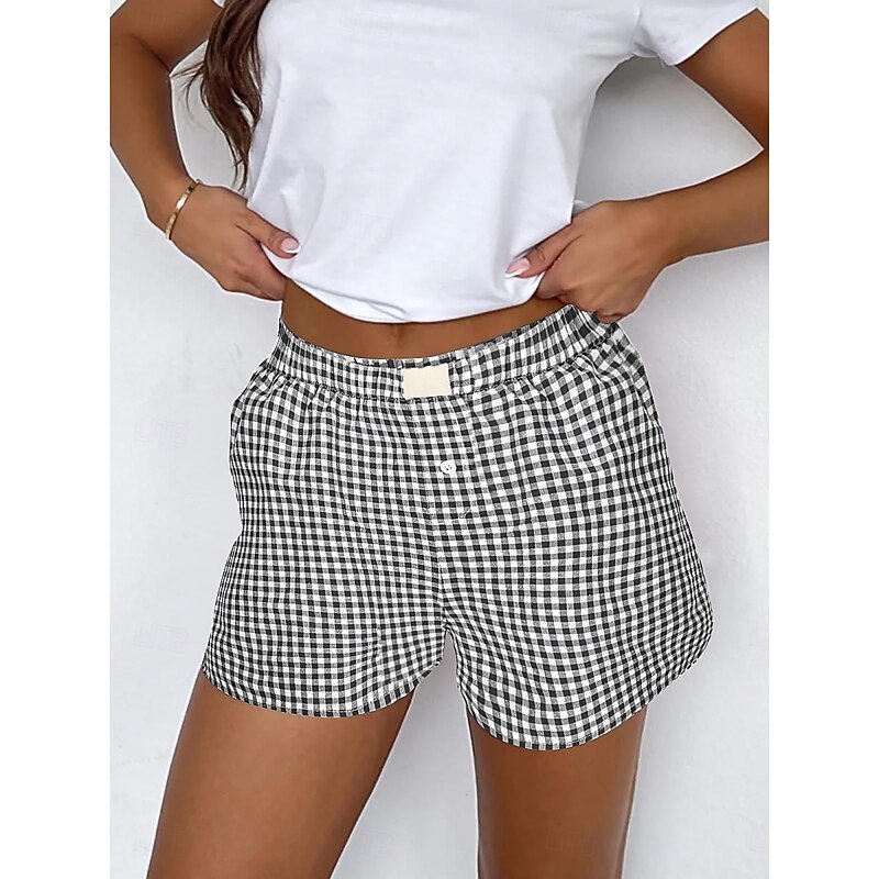 Women's Shorts Chinos Vacation Fashion Streetwear Short High Waist Plaid Pocket Elastic Waistband Printing Comfy Soft Comfortable Micro-elastic Outdoor Street Black Yellow Wine Green Summer Regular2