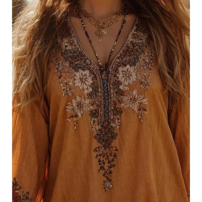 Women's Blouse Floral Graphic Bohemia Vintage Daily 3/4 Length Sleeve Crew Neck Boat Neck Regular Tops Daily Holiday Vacation Wear Print Yellow Summer Spring2