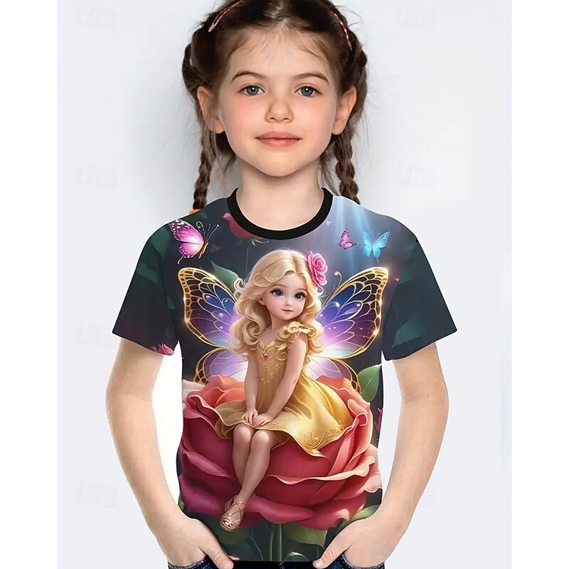Girls' 3D Butterfly Elf T shirt Tee Short Sleeve Summer Spring Fashion Basic Kids 4-12 Years Crew Neck Outdoor Casual Daily Regular Fit